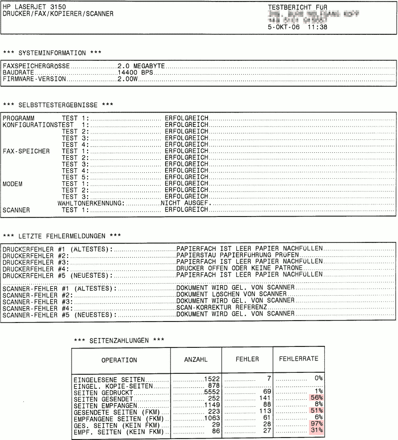 Protokoll vom Selbsttest des HP-LJ3150